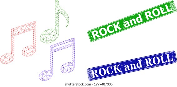 Triangular melody notes image, and Rock and Roll blue and green rectangle unclean stamp seals. Mesh wireframe illustration is created from melody notes pictogram.