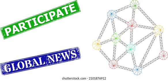 Triangular mesh links image, and Participate blue and green rectangular unclean stamp seals. Mesh carcass image is based on mesh links icon. Seals have Participate title inside rectangular form.