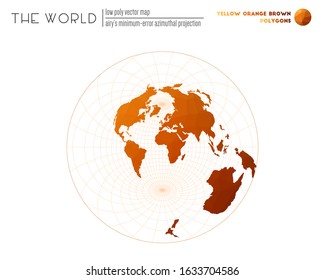 Triangular mesh of the world. Airy's minimum-error azimuthal projection of the world. Yellow Orange Brown colored polygons. Energetic vector illustration.