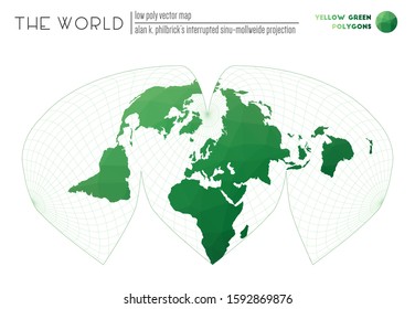 Triangular mesh of the world. Alan K. Philbrick's interrupted sinu-Mollweide projection of the world. Yellow Green colored polygons. Contemporary vector illustration.