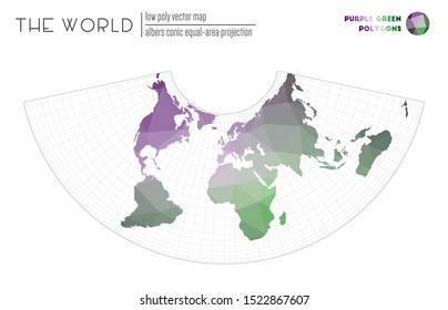 Triangular mesh of the world. Albers conic equal-area projection of the world. Purple Green colored polygons. Awesome vector illustration.