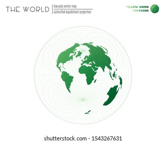 Triangular mesh of the world. Azimuthal equidistant projection of the world. Yellow Green colored polygons. Modern vector illustration.