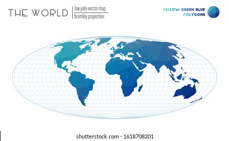 Triangular mesh of the world. Bromley projection of the world. Yellow, Green, Blue colored polygons. Energetic vector illustration.