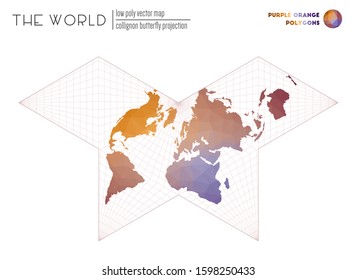 Triangular mesh of the world. Collignon butterfly projection of the world. Purple and orange colored polygons. Trending vector illustration.