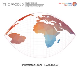 Triangular mesh of the world. Craig retroazimuthal projection of the world. Red Yellow Blue colored polygons. Trending vector illustration.