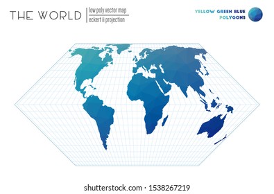 Triangular mesh of the world. Eckert II projection of the world. Yellow, green, blue colored polygons. Stylish vector illustration.
