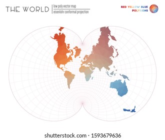 Triangular mesh of the world. Eisenlohr conformal projection of the world. Red Yellow Blue colored polygons. Beautiful vector illustration.