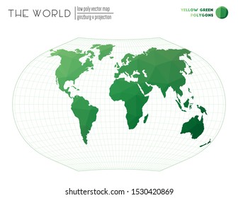Triangular mesh of the world. Ginzburg V projection of the world. Yellow Green colored polygons. Stylish vector illustration.