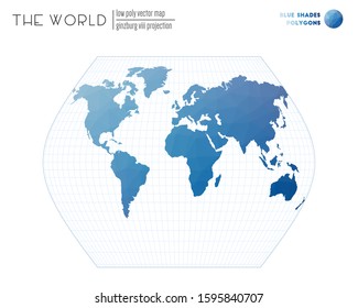 Triangular mesh of the world. Ginzburg VIII projection of the world. Blue Shades colored polygons. Trending vector illustration.