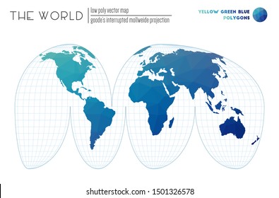 Triangular mesh of the world. Goode's interrupted Mollweide projection of the world. Yellow Green Blue colored polygons. Creative vector illustration.