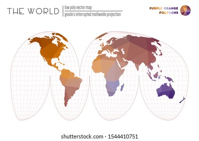 Triangular mesh of the world. Goode's interrupted Mollweide projection of the world. Purple Orange colored polygons. Elegant vector illustration.