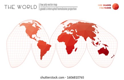 Triangular mesh of the world. Goode's interrupted homolosine projection of the world. Red shades colored polygons. Energetic vector illustration.