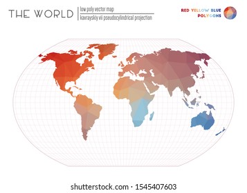 Triangular mesh of the world. Kavrayskiy VII pseudocylindrical projection of the world. Red, Yellow, Blue colored polygons. Modern vector illustration.