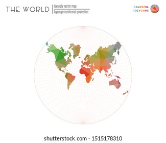 Triangular mesh of the world. Lagrange conformal projection of the world. Colorful colored polygons. Energetic vector illustration.