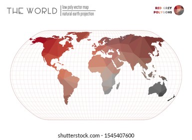 Triangular mesh of the world. Natural Earth projection of the world. Red and grey colored polygons. Awesome vector illustration.