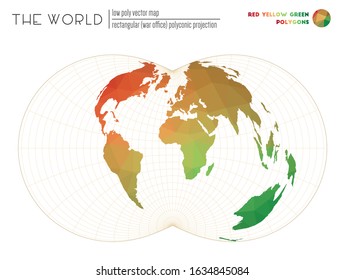 Triangular mesh of the world. Rectangular (War Office) polyconic projection of the world. Red, Yellow, Green colored polygons. Elegant vector illustration.