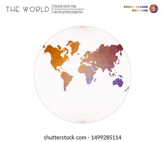 Triangular mesh of the world. Van der Grinten projection of the world. Purple Orange colored polygons. Beautiful vector illustration.