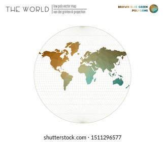 Triangular mesh of the world. Van der Grinten III projection of the world. Brown, Blue, Green colored polygons. Stylish vector illustration.