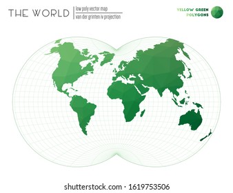 Triangular mesh of the world. Van der Grinten IV projection of the world. Yellow Green colored polygons. Neat vector illustration.