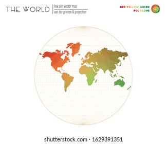 Triangular mesh of the world. Van der Grinten III projection of the world. Red Yellow Green colored polygons. Contemporary vector illustration.