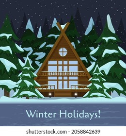 Triangular modern wooden house in the forest with snowfall. Christmas tree. Winter holidays. Flat vector illustration