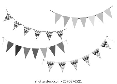 Triangular monochrome and ornamental pennant garlands in grayscale. Festive elements concept Set 4