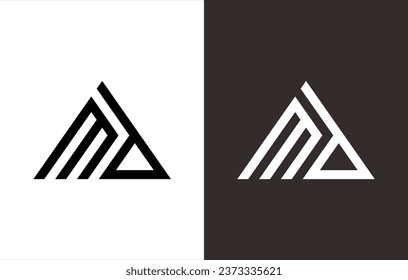 triangular monogram logo that forms the letters "M" and "D". black and white background.