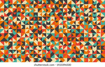 Triangular mosaic pattern. Abstract geometric background. Multicolored texture in retro style. Universal template with triangles for wallpapers, presentations and covers. Seamless vector background.