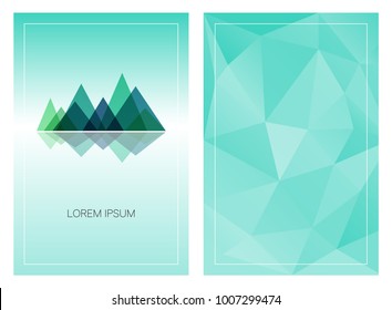 Triangular mountain ridges with vertical polygonal background. Set of geometric style cards template. Front and back page. Can be used for posters, flyers, brochures design, covers and digital banners