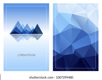 Triangular mountain ridges with vertical polygonal background. Set of geometric style cards template. Front and back page. Can be used for posters, flyers, brochures design, covers and digital banners