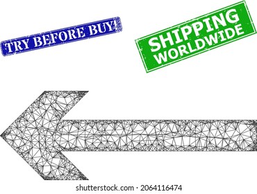 Triangular move left image, and Try Before Buy warn blue and green rectangle scratched seals. Polygonal wireframe image designed with move left icon.