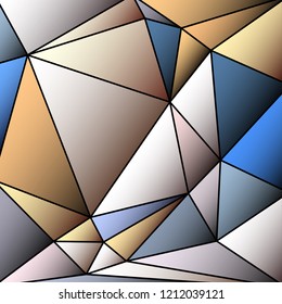 triangular multicolor abstract stained glass grid with black outline in shades of beige, blue, ocher, brown and other