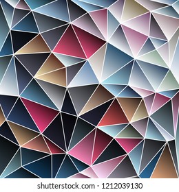 triangular multicolor abstract stained glass grid with white outline in shades of blue, brown, ocher, green, purple, pink, red and other