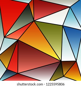 triangular multicolor abstract stained glass grid with black outline in shades of red, blue, yellow, green, gray and other