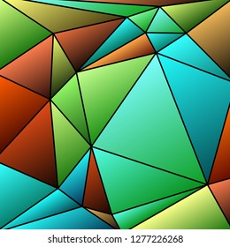 triangular multicolor abstract stained glass grid with black outline in shades of cyan, green, blue, orange, brown and other