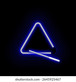 Triangular musical instrument glows in the dark with neon light and vibrating at different frequencies from the blow of a short metal stick. Realistic vector isolated on black background