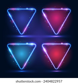 Triangular neon frames with shining effects, highlights on a dark background. A set of futuristic modern neon glowing banners. Vector illustration.