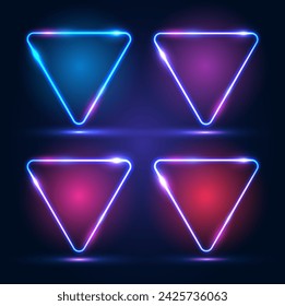 Triangular neon frames with shining effects, highlights on a dark background. A set of futuristic modern neon glowing banners. Vector EPS 10.