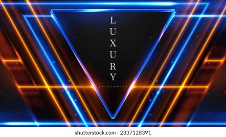 Triangular neon light frame with gold and blue beam effect decoration and bokeh elements.

