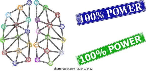 Triangular neural network image, and 100 percent Power blue and green rectangular corroded stamp seals. Polygonal wireframe symbol is created from neural network pictogram.