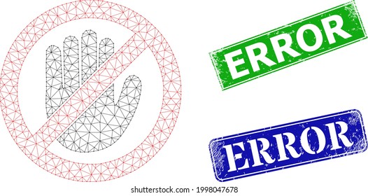 Triangular no hand model, and Error blue and green rectangle scratched stamps. Polygonal wireframe symbol designed with no hand icon. Stamps have Error caption inside rectangle form.