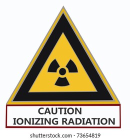 triangular nuclear warning sign with "caution ionizing radiation" below on white background,