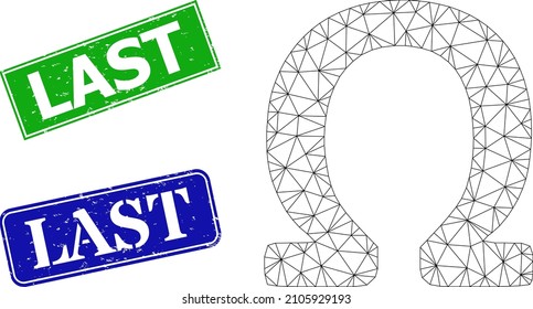 Triangular Omega Greek symbol image, and Last blue and green rectangle scratched stamp seals. Polygonal carcass image designed with Omega Greek symbol pictogram.
