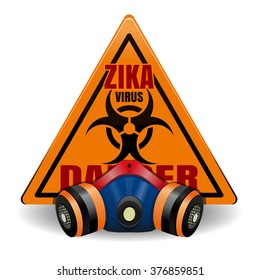Triangular orange warning sign with Zika Virus and respirator. Danger sign. Vector illustration.