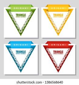 Triangular origami with lace edge speech bubble. Origami dialogue banner for your message. Special offer. Discount tag, badge, emblem. Web stickers. Price tag template for catalog with space for text
