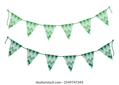 Triangular ornamental pennant garlands on rope in trendy monochrome green. St Patrick Day greeting