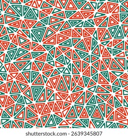 Triangular pattern background. Compact triangles size. Multiple repeated inner triangles. Multicolored style. Repeatable pattern. Vibrant vector tiles. Seamless vector illustration.