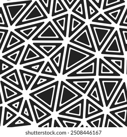 Triangular pattern background. Rounded solid shapes in frames. Large triangles size. Black and white style. Repeatable pattern. Vibrant vector tiles. Seamless vector illustration.