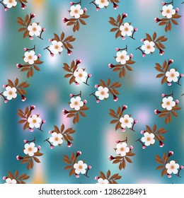Triangular pattern of cherry blossoms in the form of a garden lattice on dark blue abstract background, geometric seamless pattern, vector