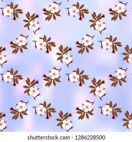 Triangular pattern of cherry blossoms in the form of a garden lattice on light blue sky abstract background, geometric seamless pattern, vector